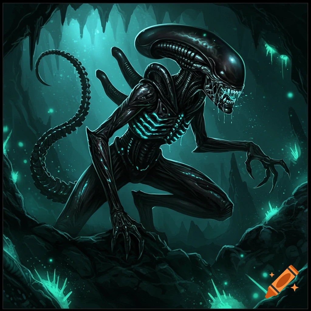A Xenomorph creature crouching in a dark, glowing cave.