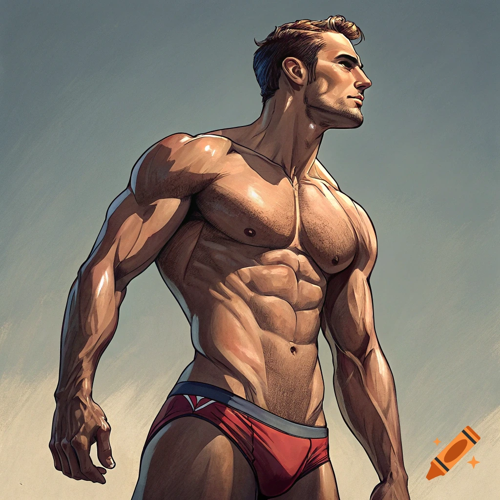 A highly muscular man in a red speedo, in an illustrated style.