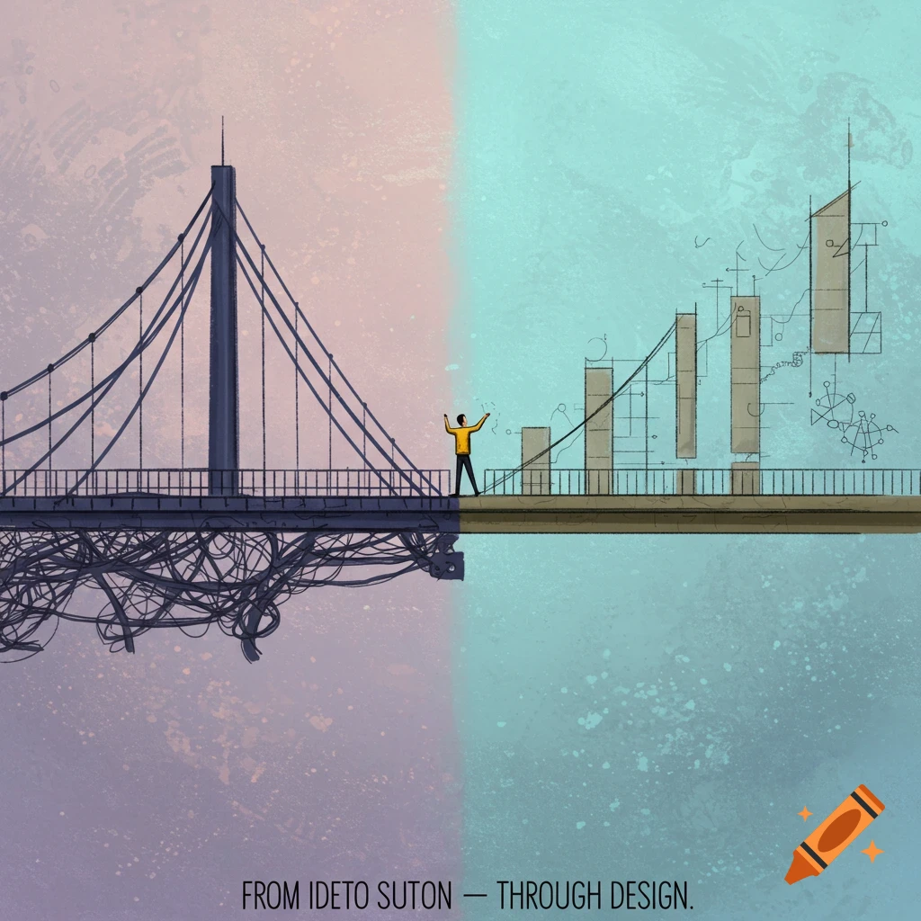 Illustration of a bridge transforming from abstract chaos to structure, with a figure standing beside a rising graph.