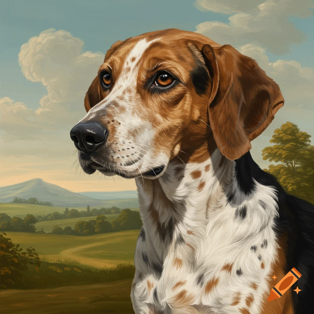 Portrait of a dog in a landscape.