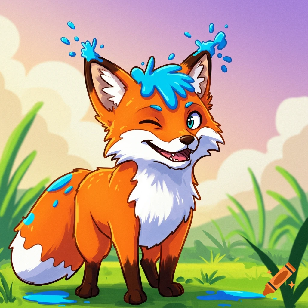 Cartoon fox winking with blue paint on its head in grass