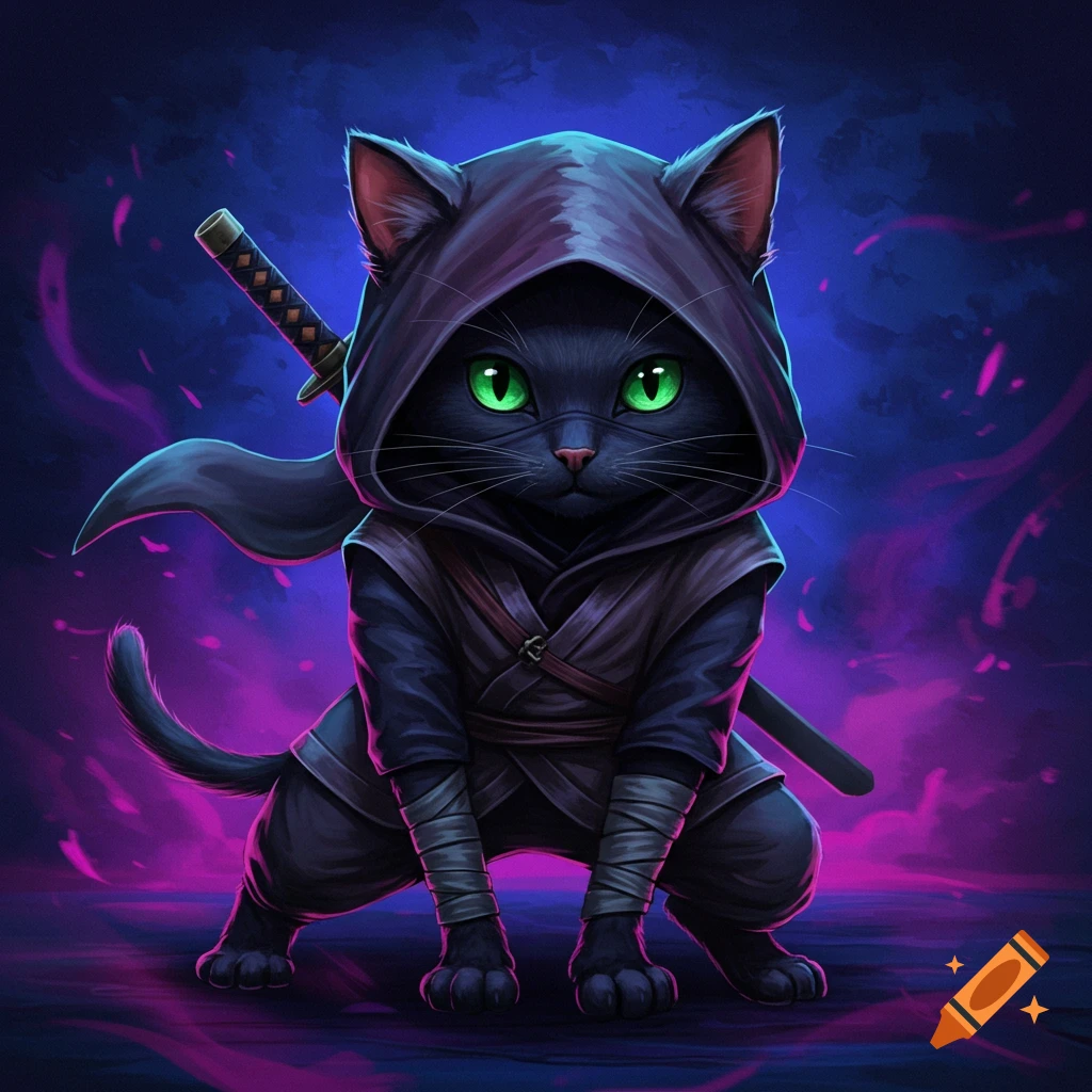 A black cat dressed as a ninja, crouching with a sword on its back, its green eyes glowing.