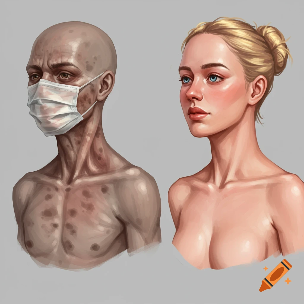 Two figures are contrasted; one appears weathered and wears a mask, the other appears healthy.