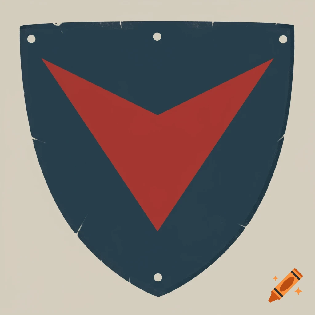 A blue shield with a large red downward-pointing triangle (chevron) and four holes, featuring a weathered texture.