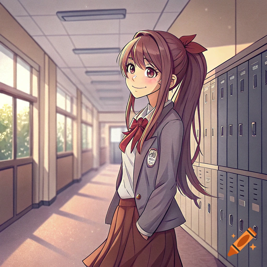 Anime girl in school uniform standing in a hallway.