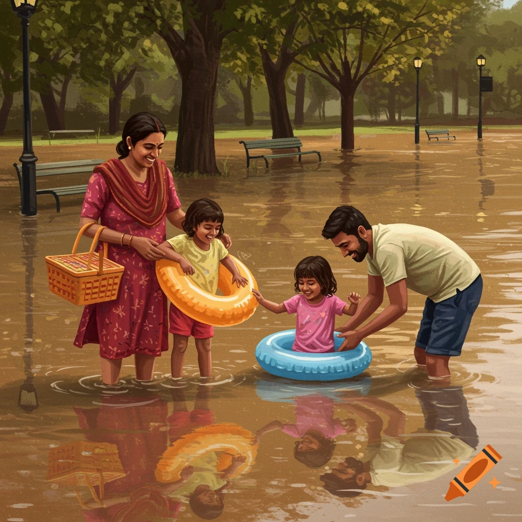A South Asian family plays happily in a flooded park with inflatable toys, rendered in a digital painterly style.