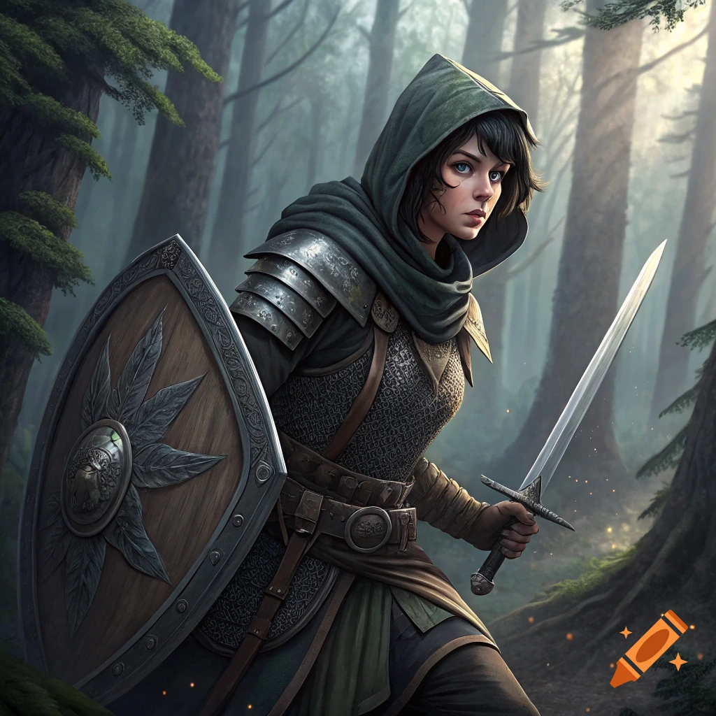 A female fantasy warrior in armor, holding a sword and shield in a misty forest.