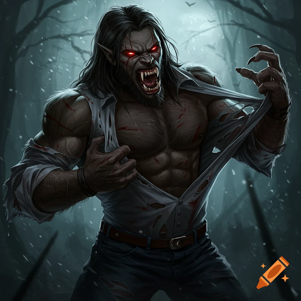 A muscular werewolf ripping his shirt off in a dark forest.