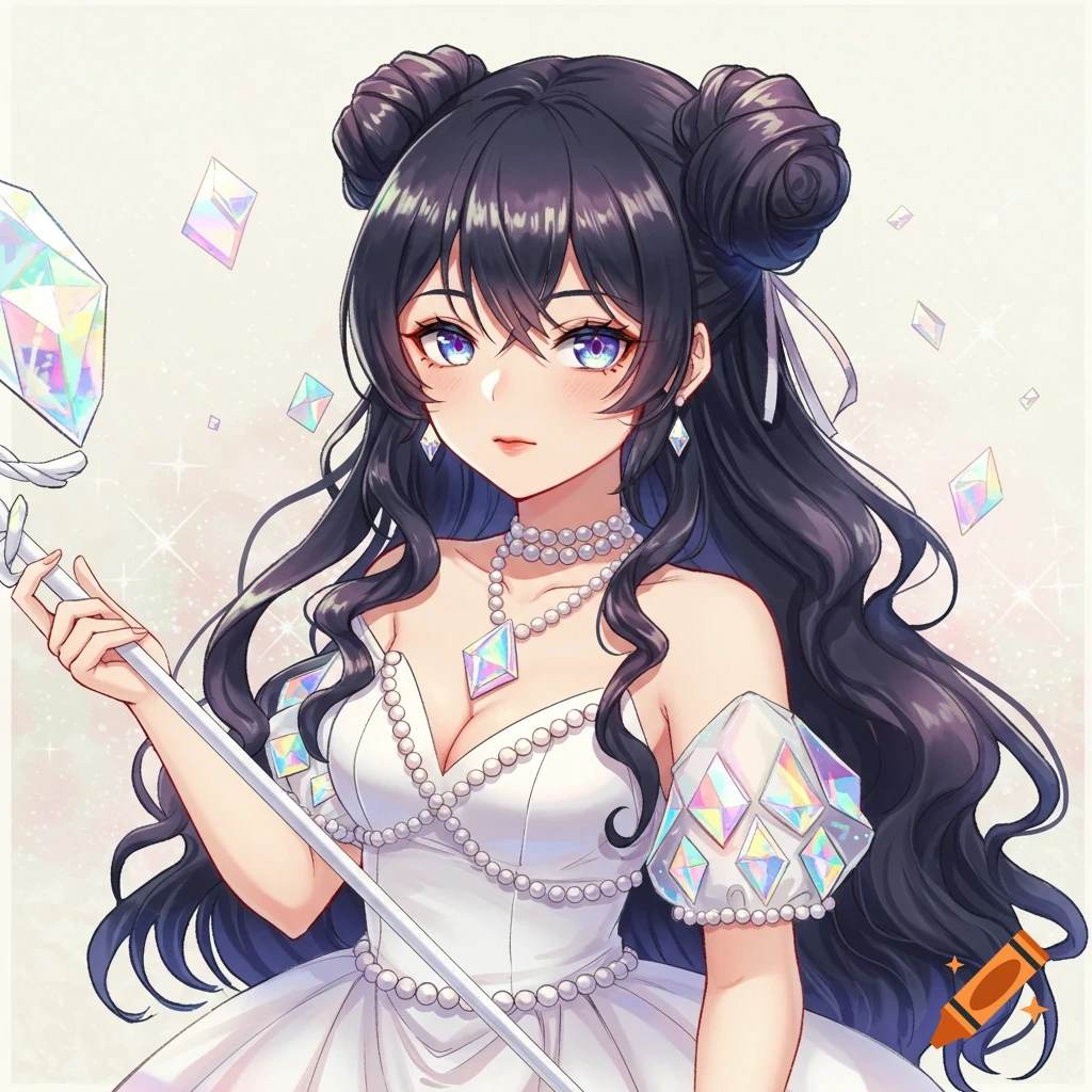 Anime girl with black hair in buns, wearing a pearl white dress with iridescent diamonds, holding a staff.