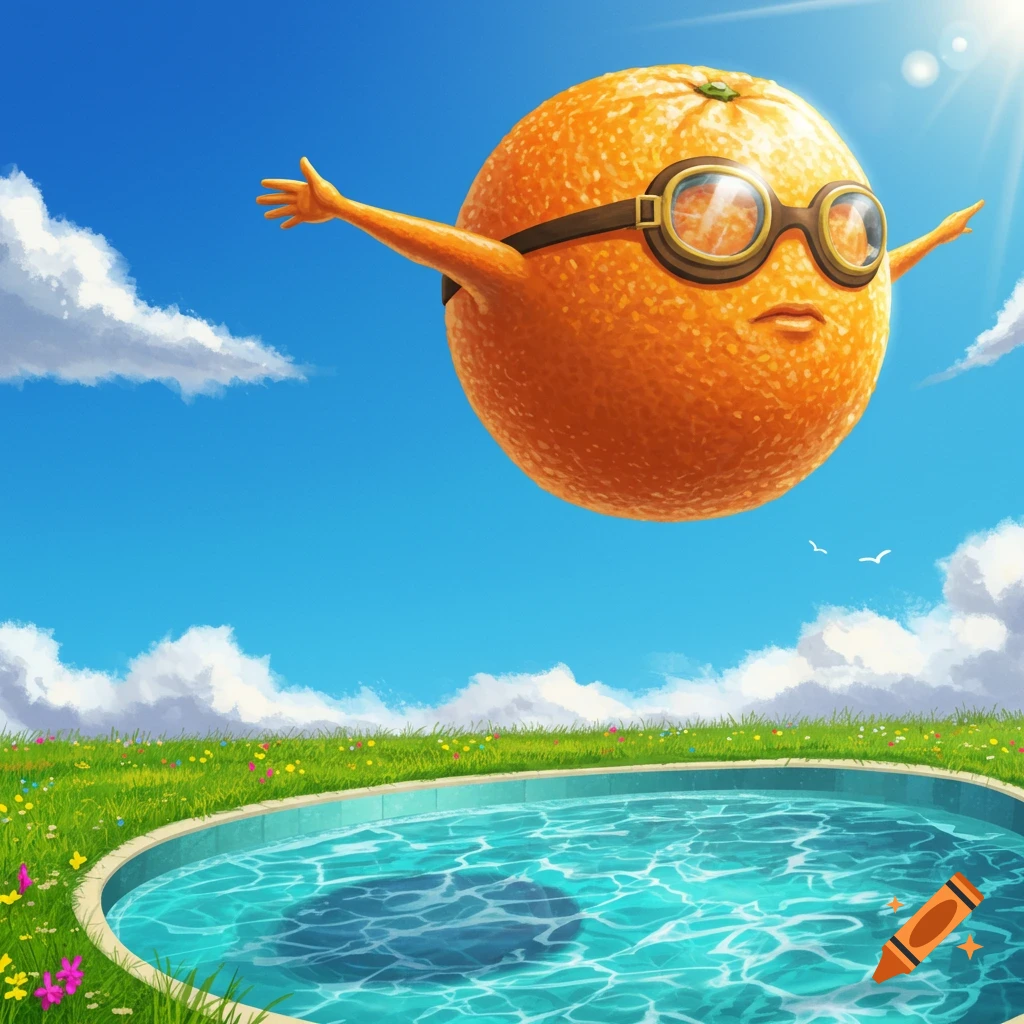 A cartoon orange with goggles flying above a pool in summer.