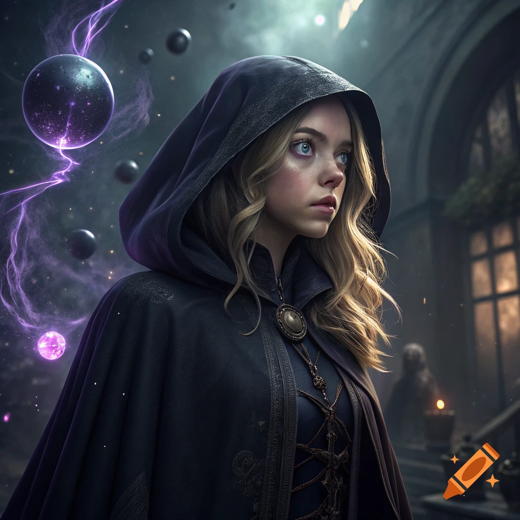 A young woman in a dark hooded cloak casts purple magic with glowing orbs in a mysterious setting.