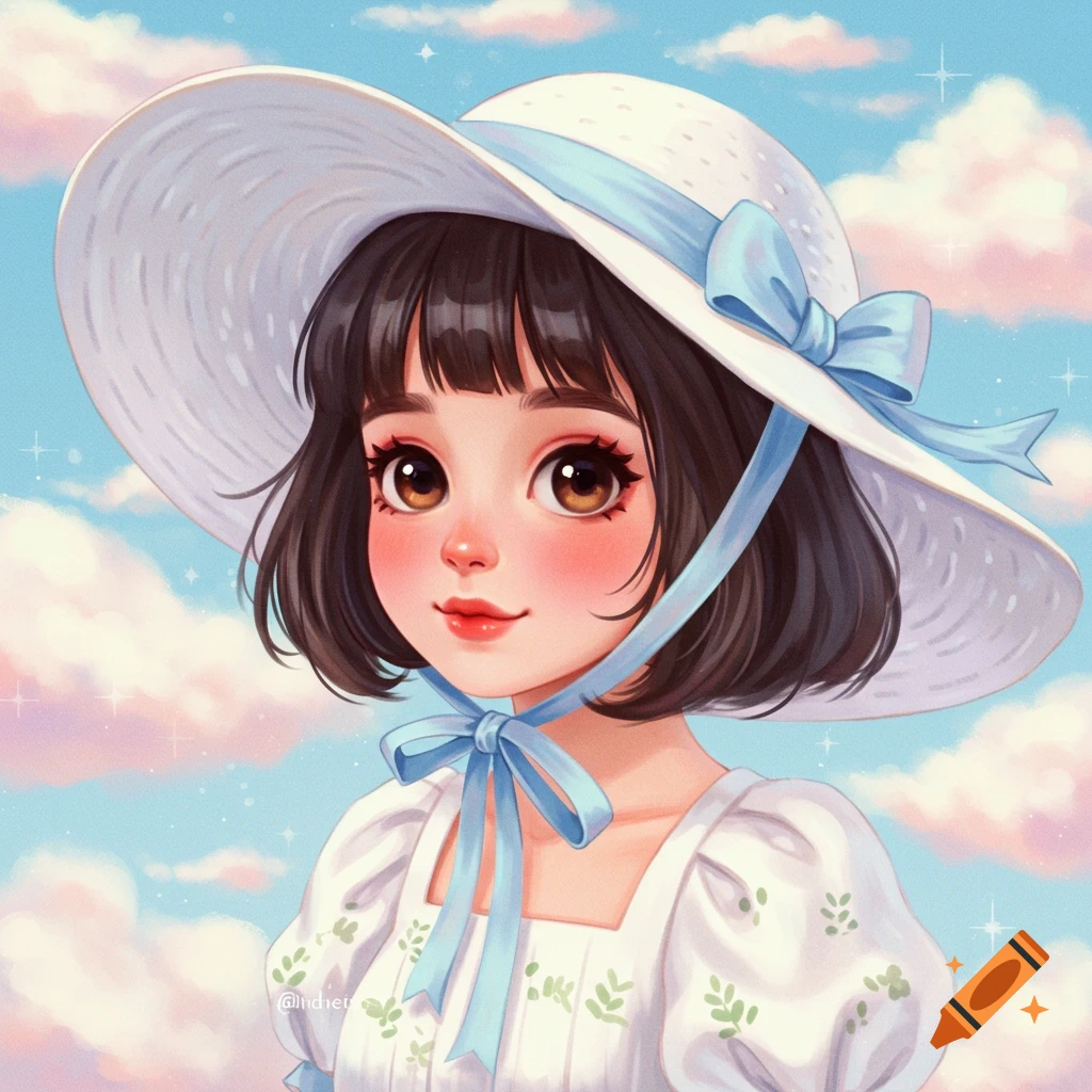 A cute girl with big eyes wearing a white hat and blue ribbon.
