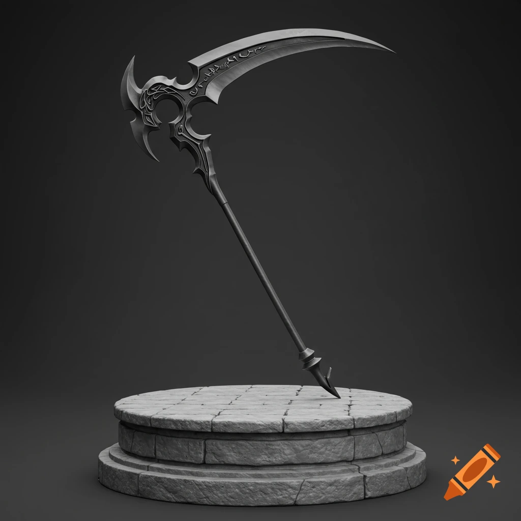 An ornate fantasy scythe rests on a stone pedestal.