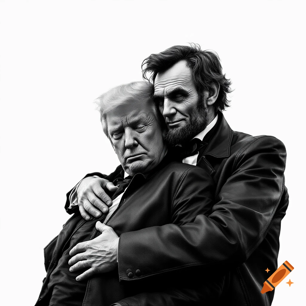 Abraham Lincoln hugs Donald Trump, both wearing leather jackets in a black and white portrait.
