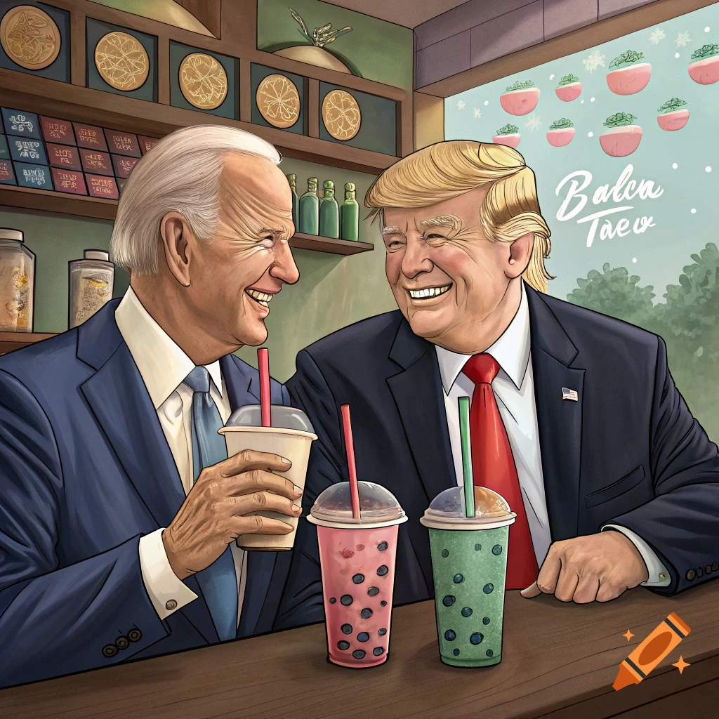 Illustration of Joe Biden and Donald Trump smiling and drinking bubble tea in a shop.