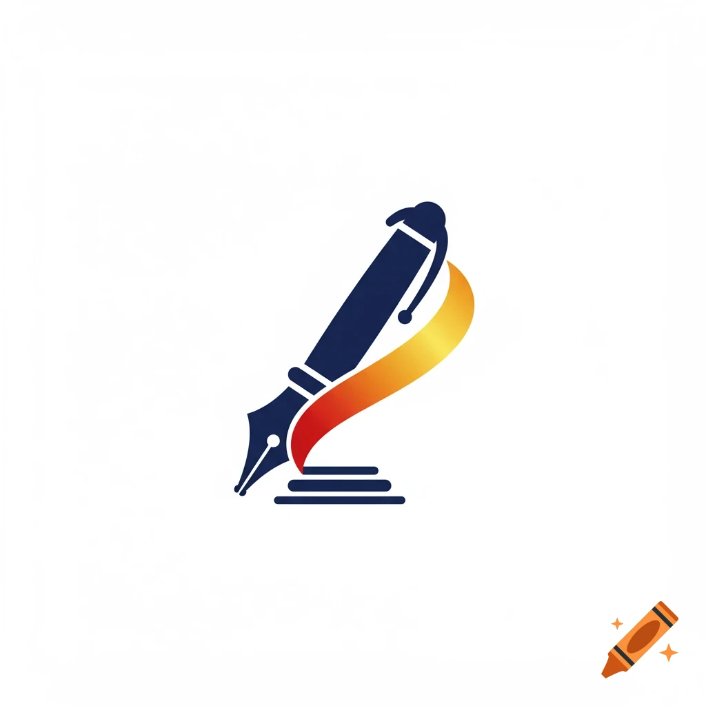 A stylized logo of a dark blue fountain pen writing on lines with an orange and red swirl.