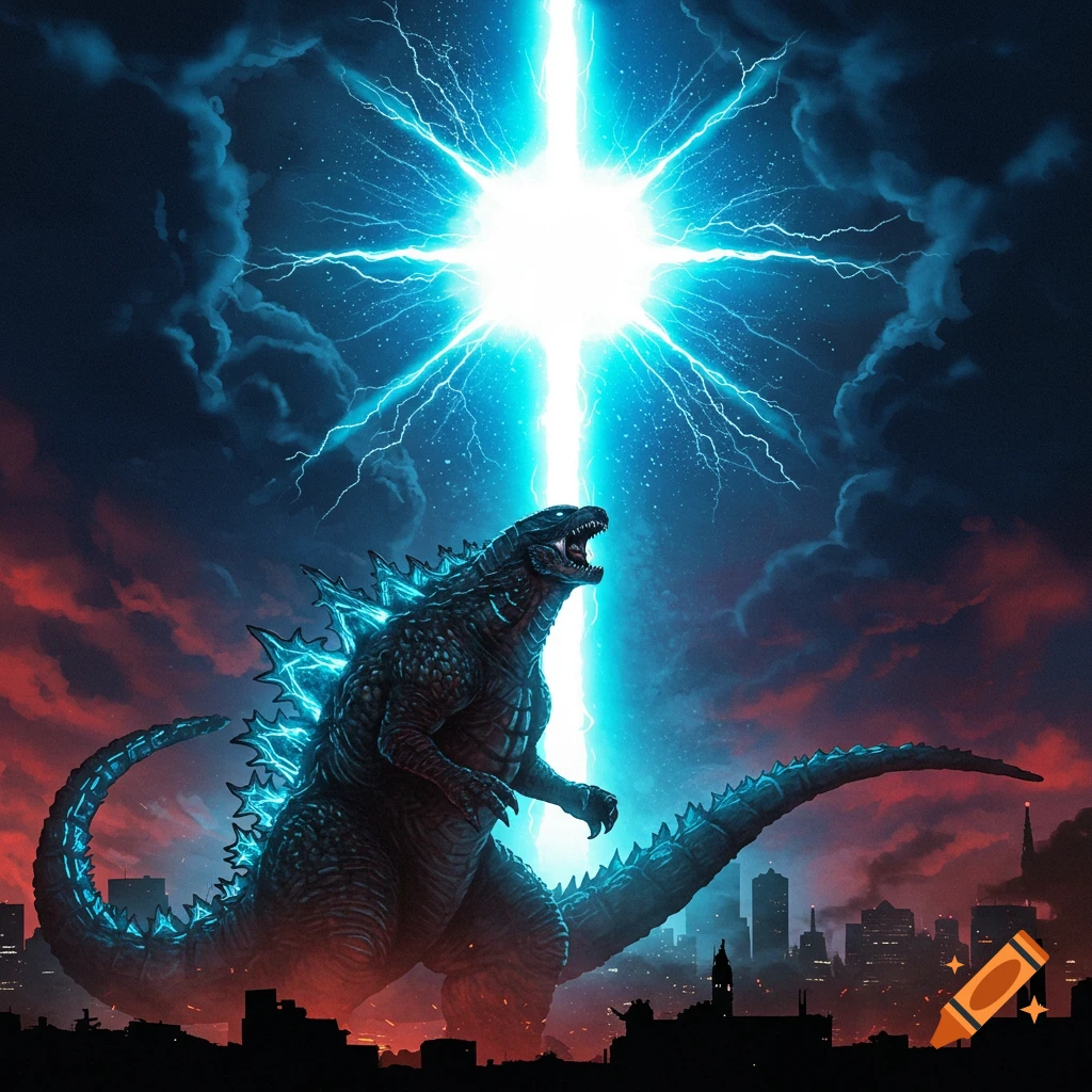 Godzilla roars below a giant blue beam from the sky over a silhouetted city.
