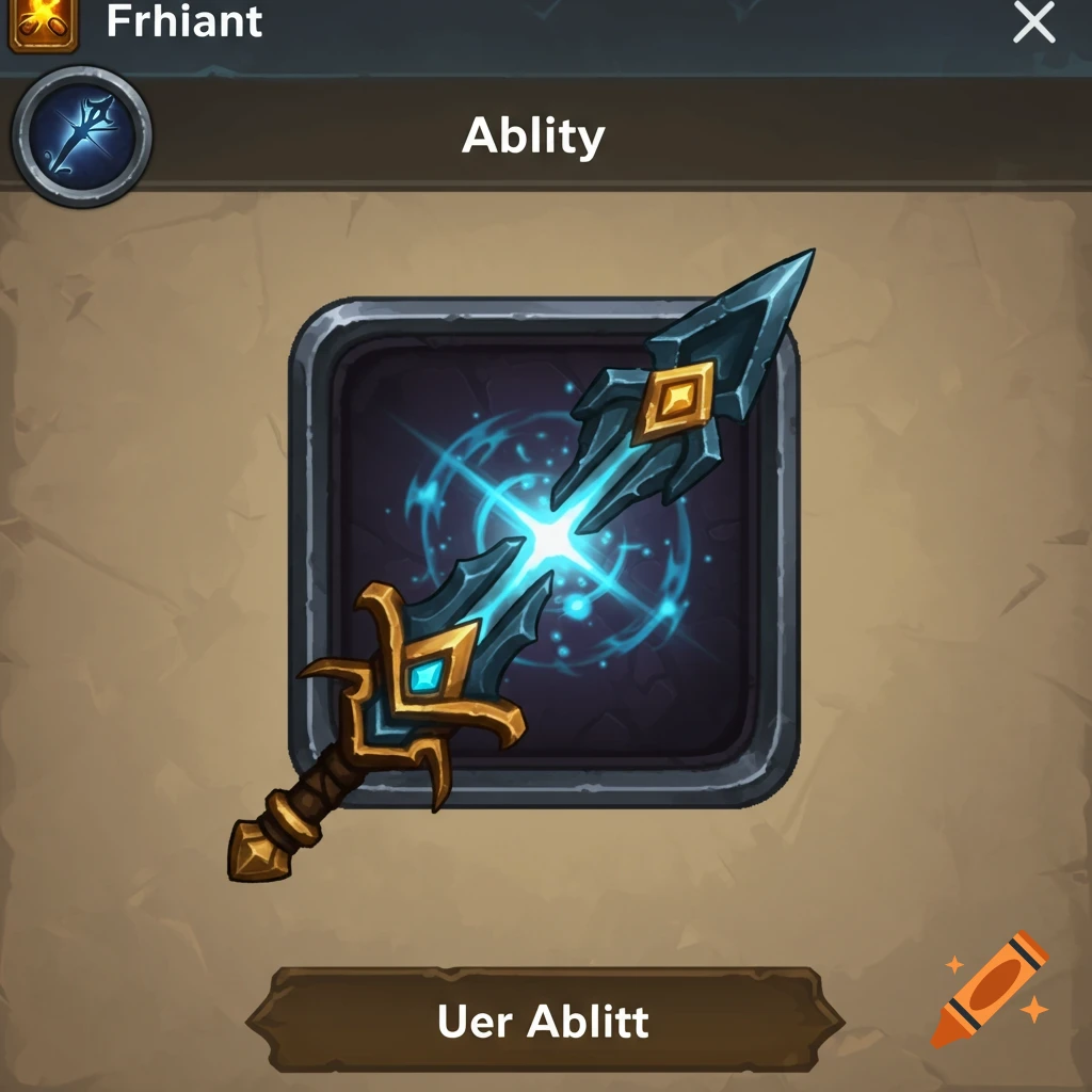 A game menu screen showing a fantasy weapon ability icon and text labels.