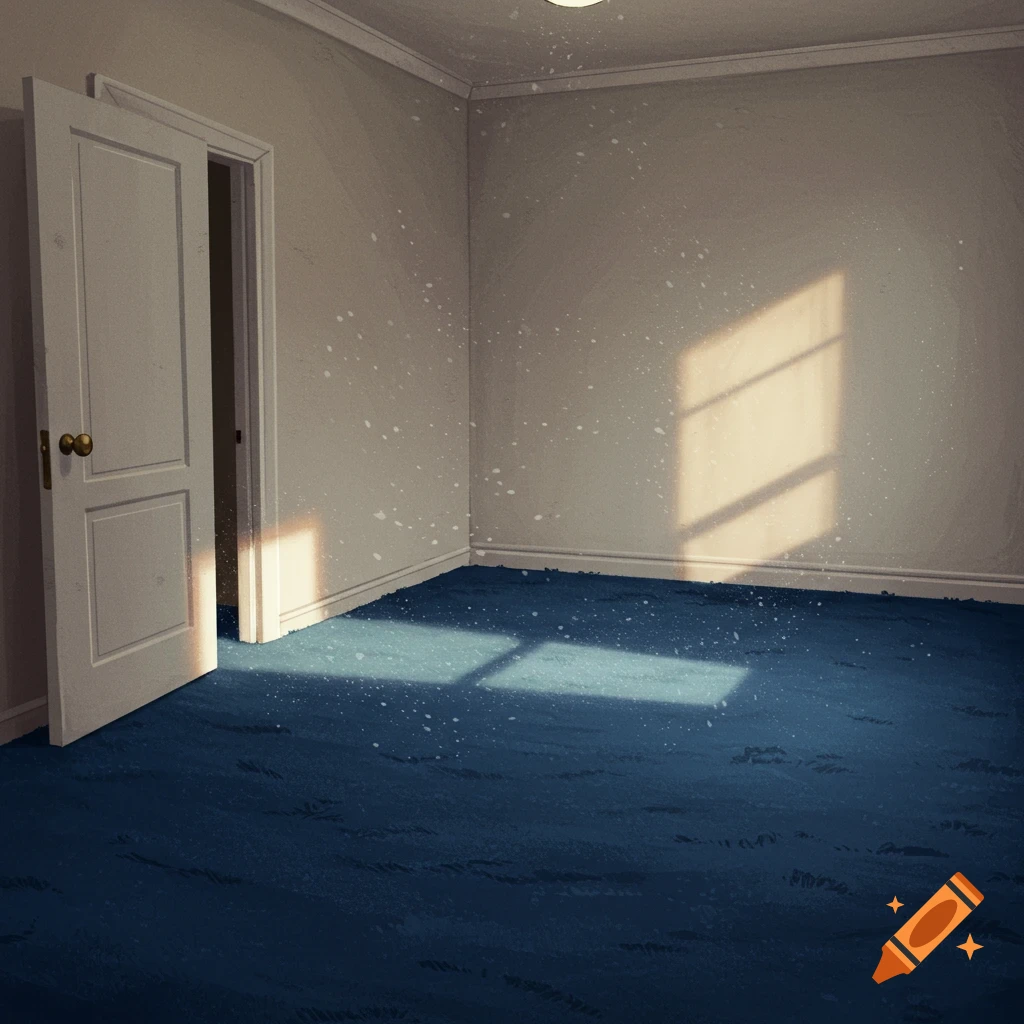 An empty room with blue carpet and sunlight streaming through a window.