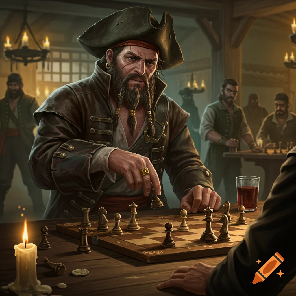 A rugged pirate playing a game of chess in a dimly lit tavern.