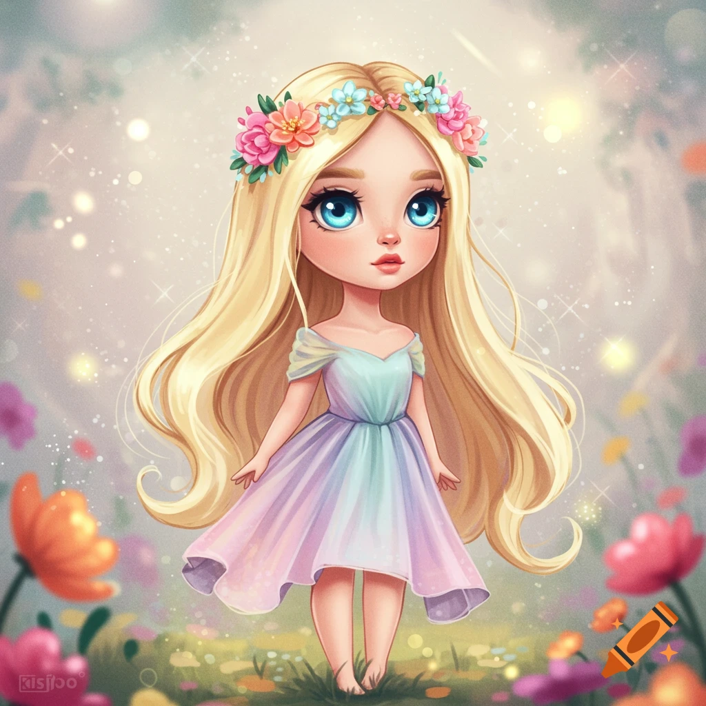 A whimsical blonde girl with a floral crown is in a field of flowers.