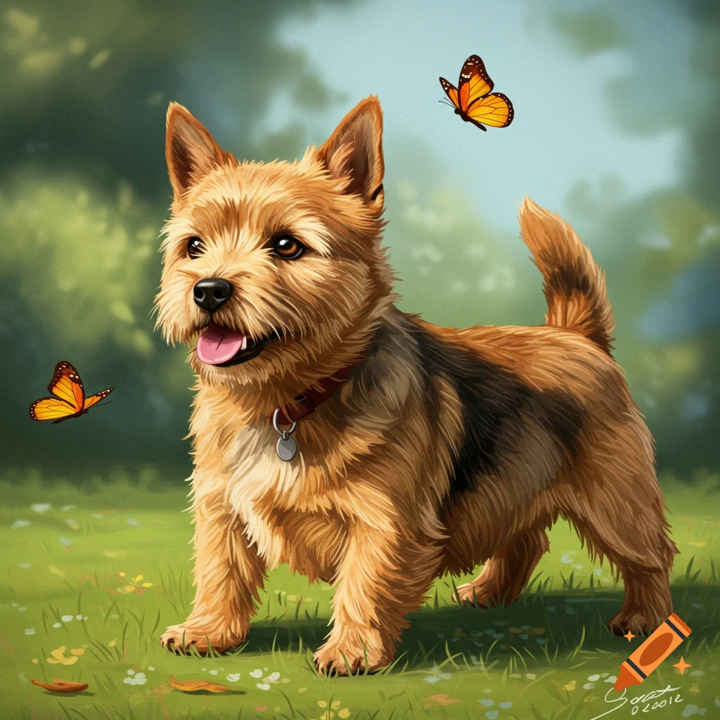 A Norwich terrier looking at butterflies in a grassy field.
