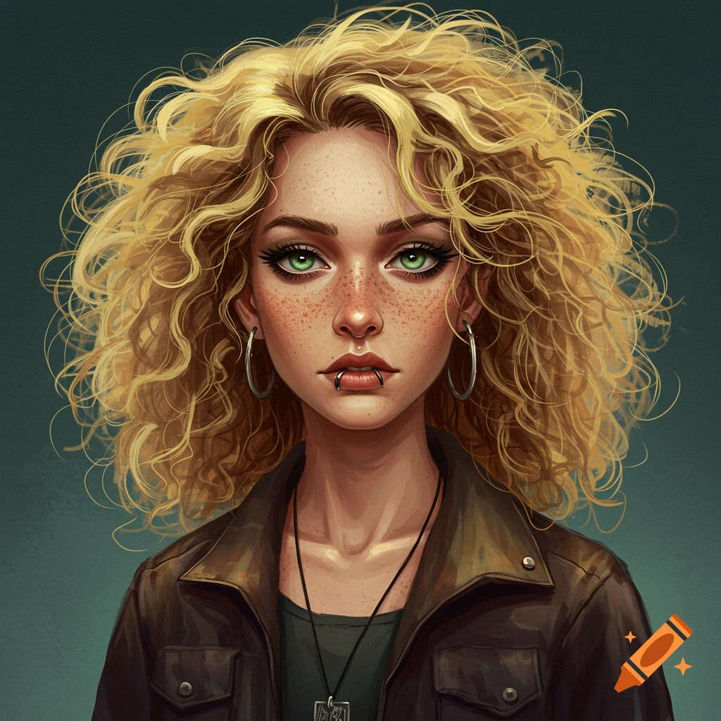 A woman with curly blonde hair, green eyes, freckles, and piercings, wearing a leather jacket.