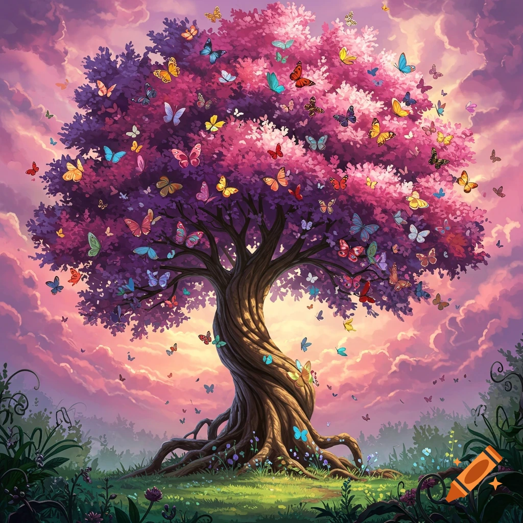 A large tree with pink foliage is covered in colorful butterflies against a sunset sky.