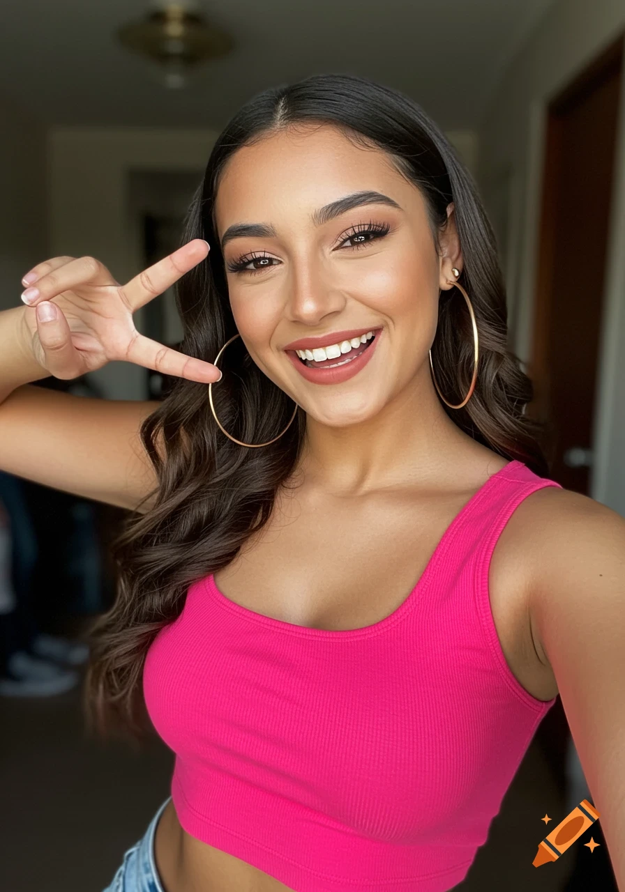Young woman in pink crop top smiling and making a peace sign in a selfie.