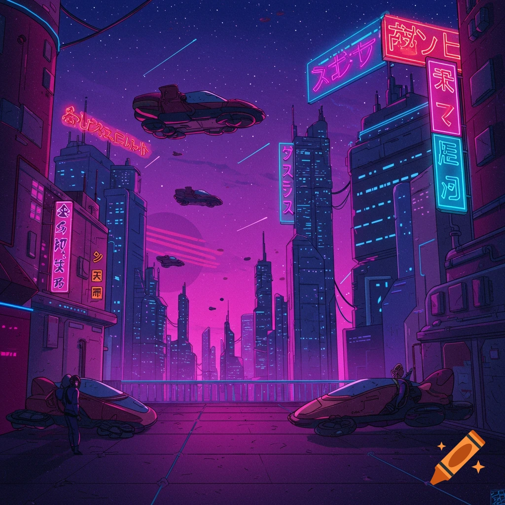 A futuristic city scene at night with flying cars and neon signs, in an anime art style.