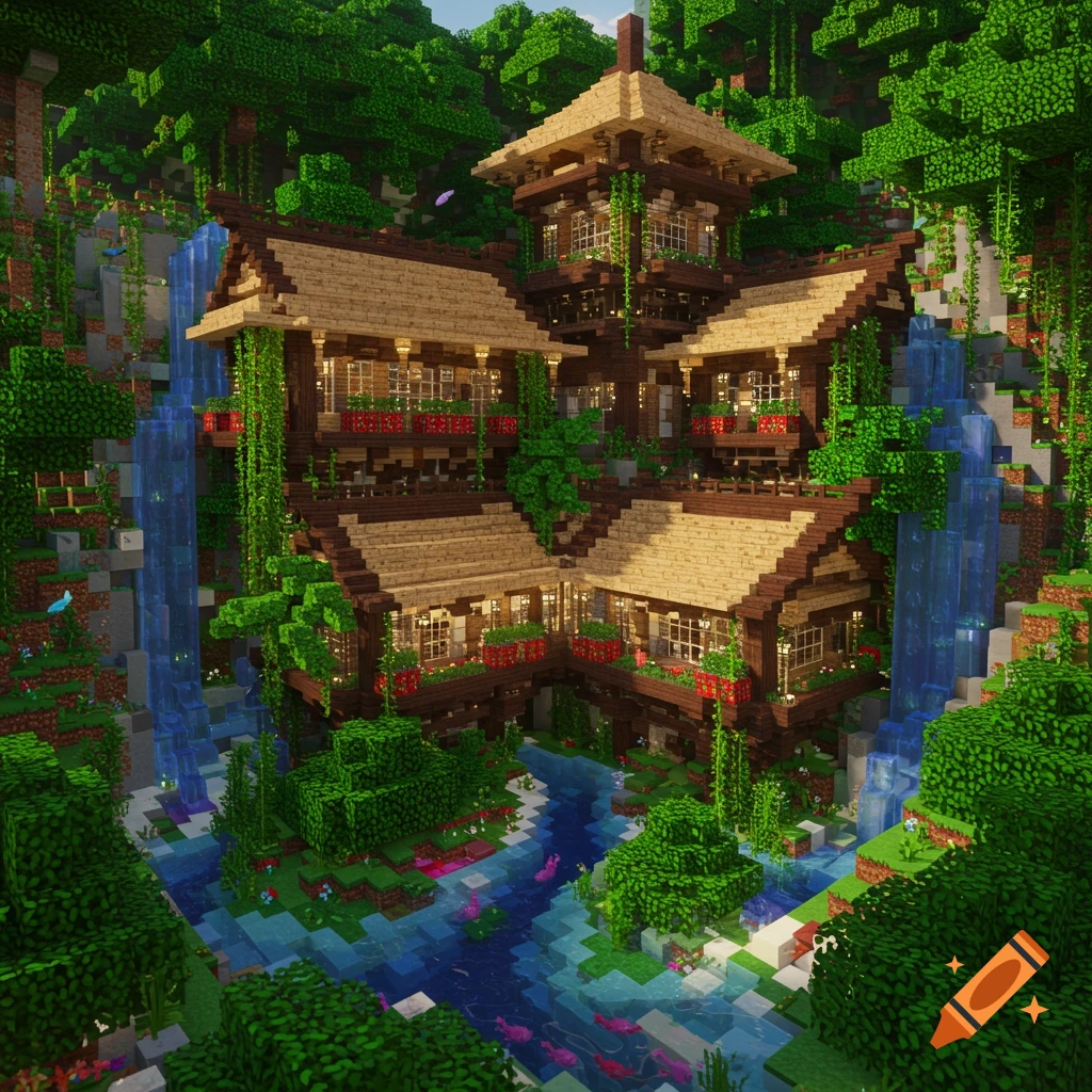 A large, intricate multi-level Minecraft base made of wood and stone, nestled in a tropical jungle with waterfalls flowing into a river.