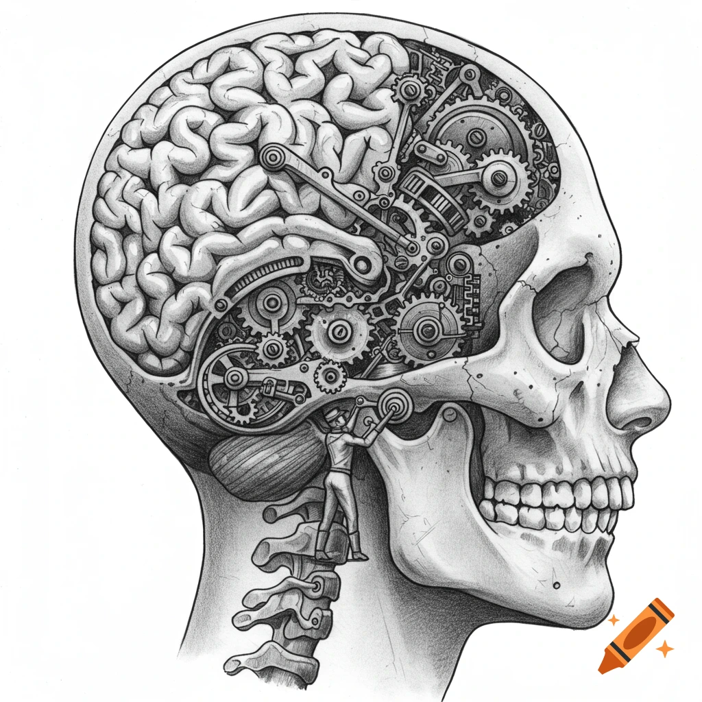 Side view sketch of a human skull with the brain replaced by gears and a tiny mechanic working on it.