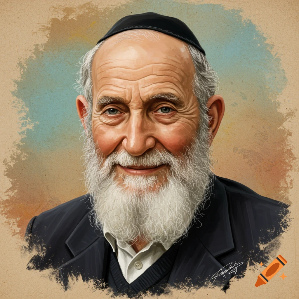Portrait of an elderly man with a long white beard and black kippah, smiling.