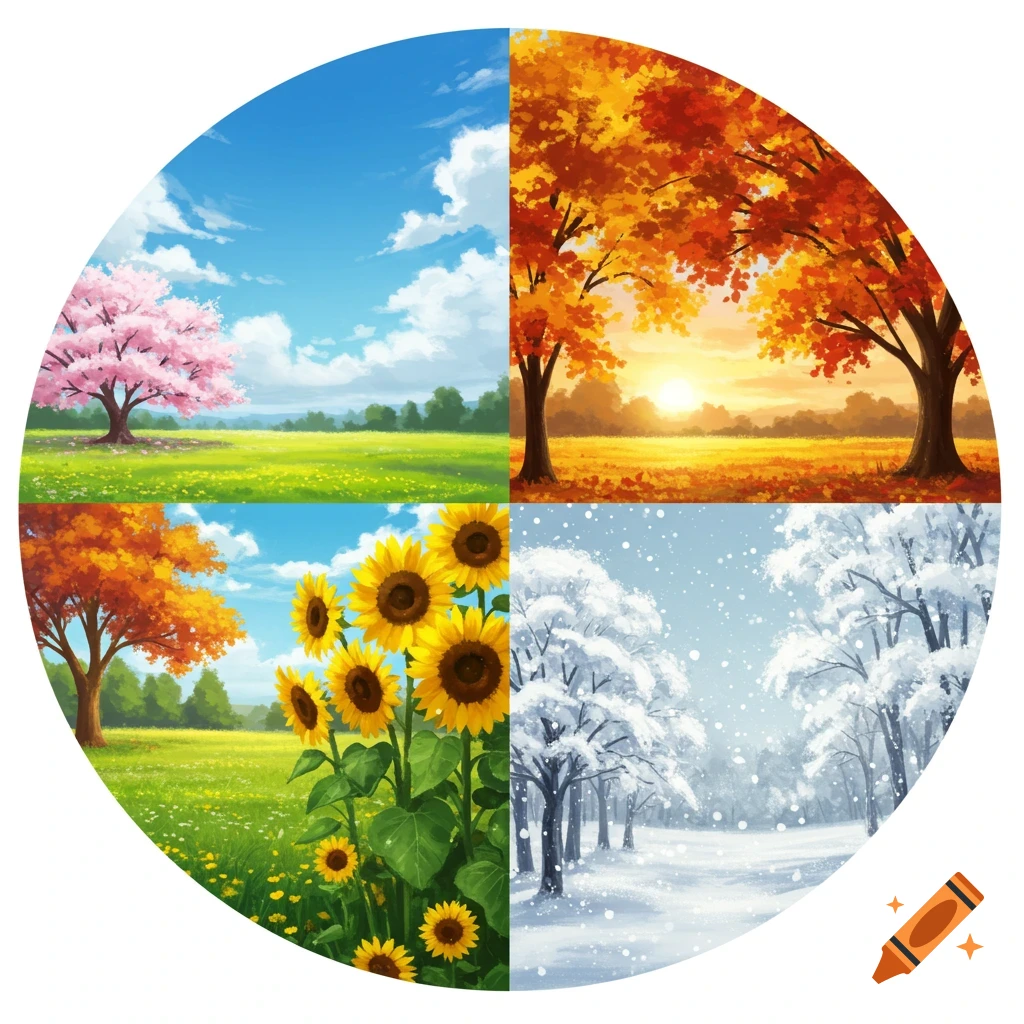 The four seasons depicted in a circular composition: spring with cherry blossoms, an autumn sunset, summer sunflowers, and a winter forest.