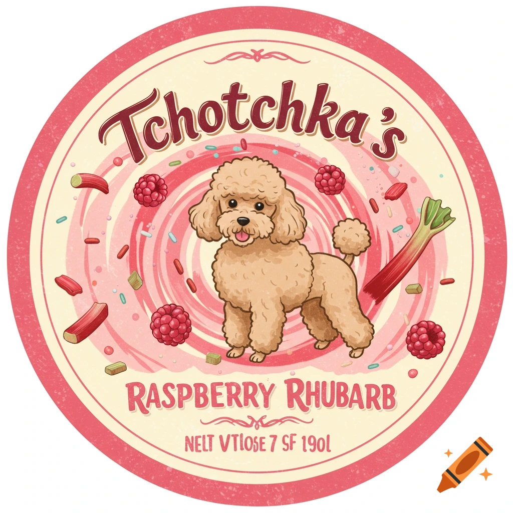 Illustration of a round label with a poodle, raspberries, and rhubarb.