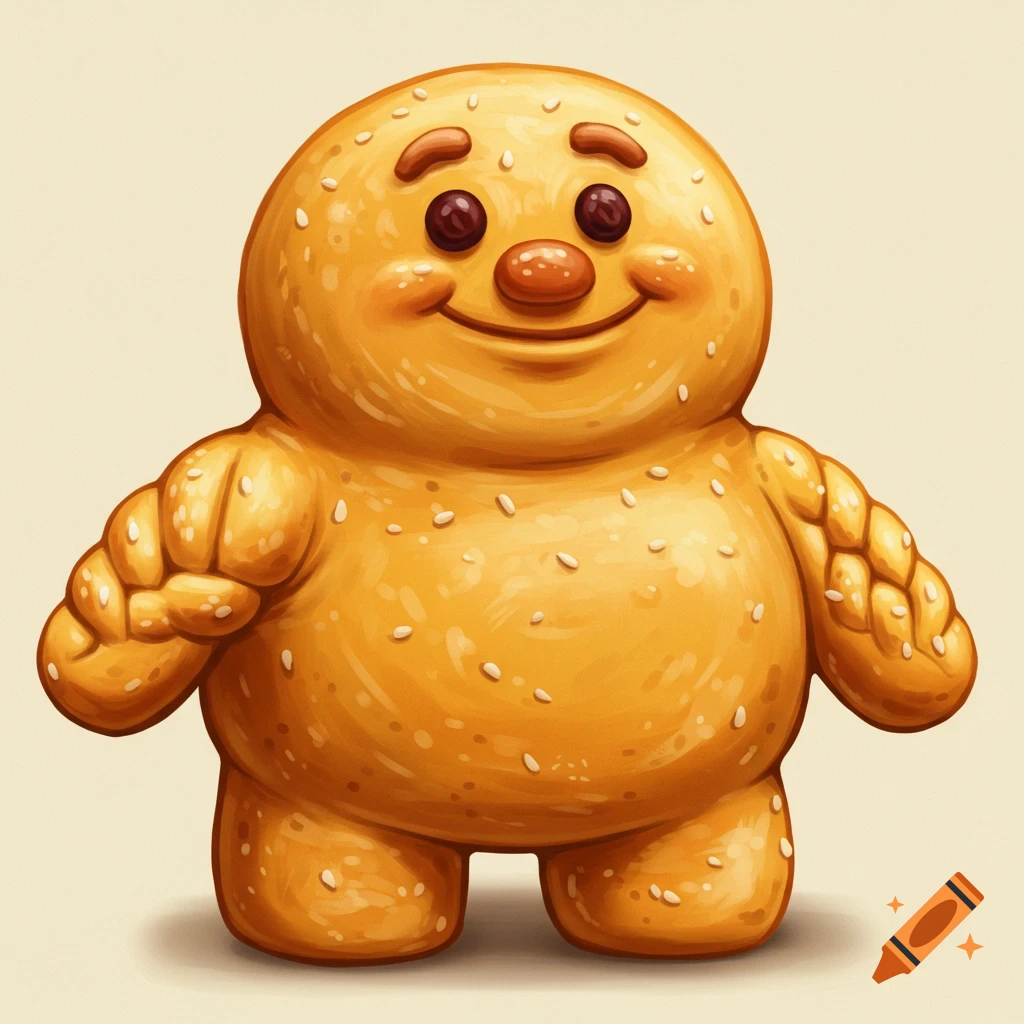 A cartoon character made of dough covered in sesame seeds stands smiling.