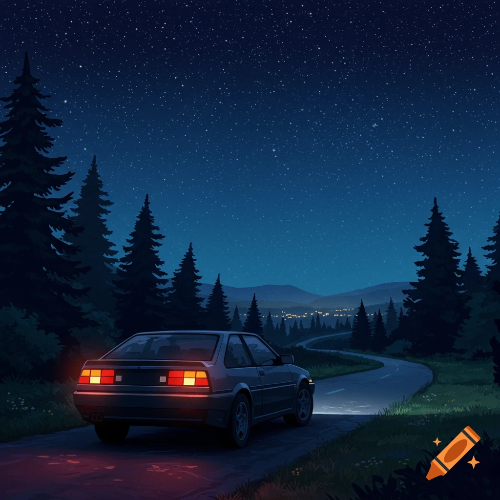 A grey car drives down a winding road at night, under a starry sky, with trees and distant lights.