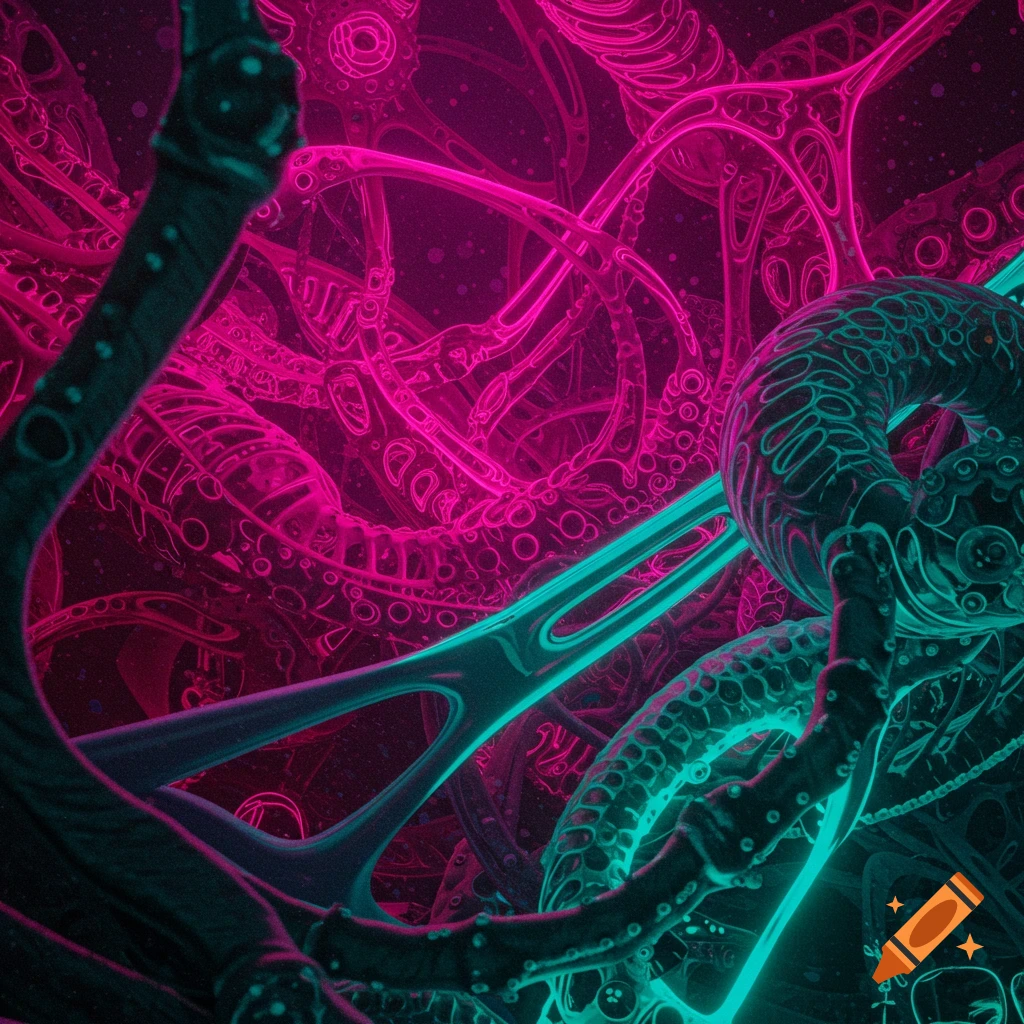 Abstract biological structures in neon pink and teal with intricate patterns.