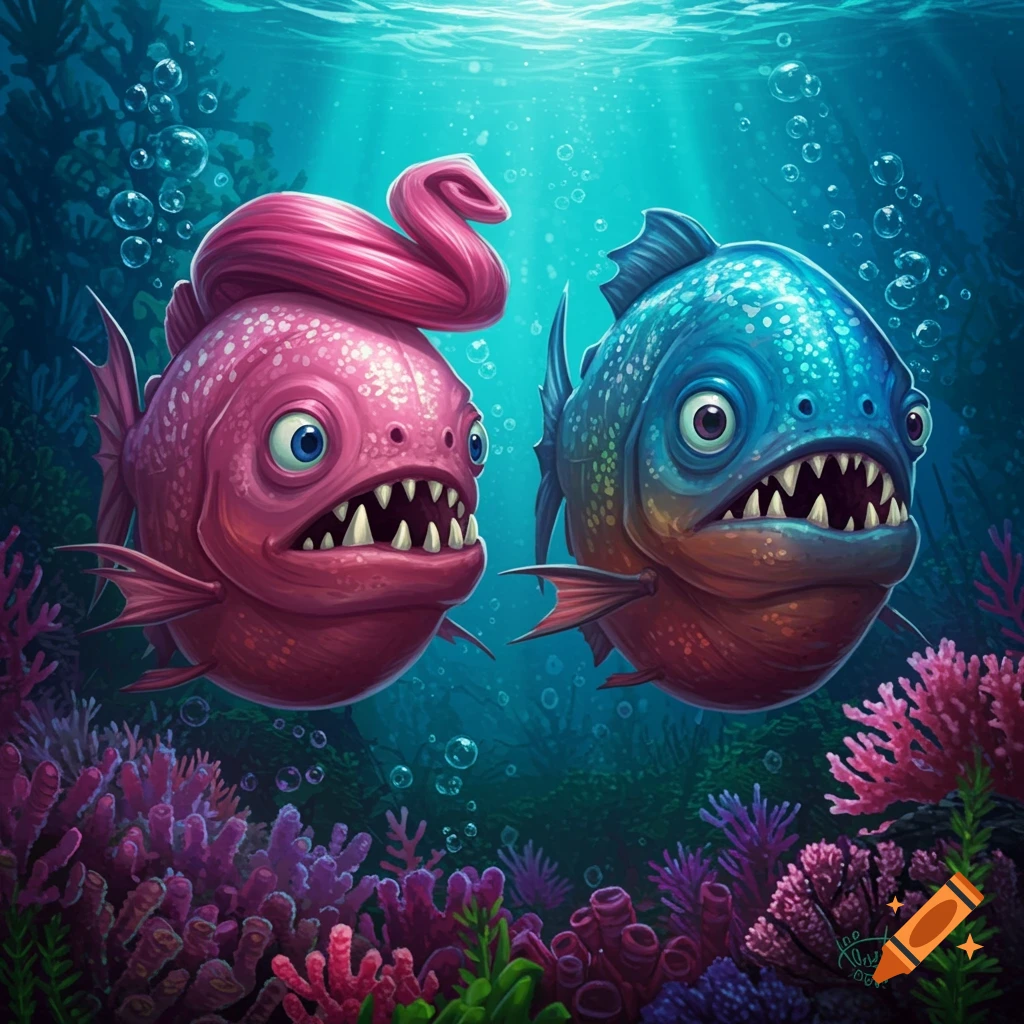Two cartoonish, vibrant pink and blue piranhas swim underwater among coral and bubbles.