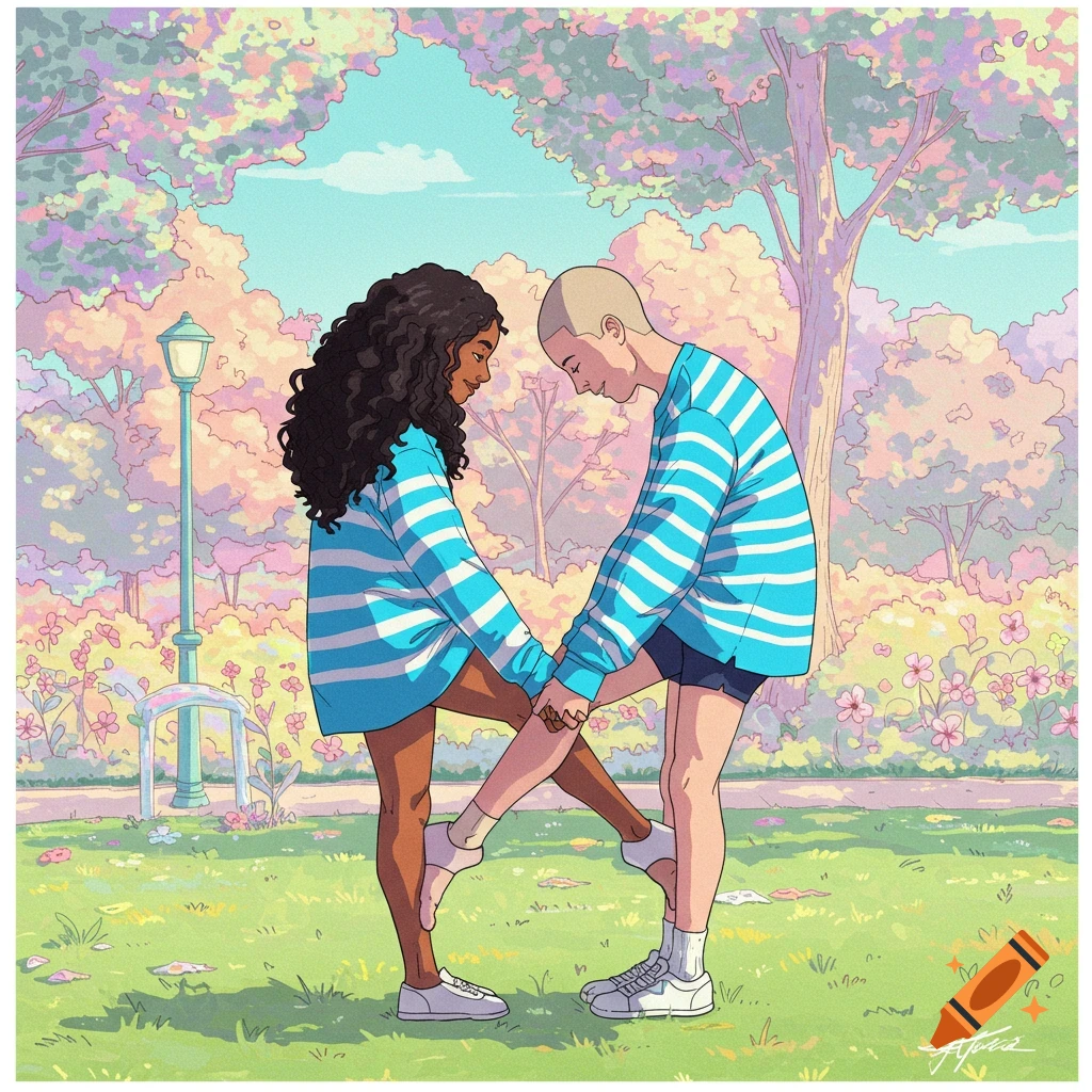 Stylized illustration of two people in striped shirts interlocking feet in a park with pastel trees and flowers.