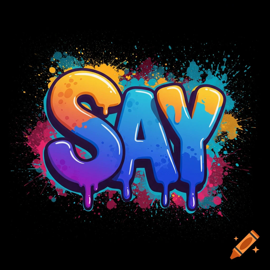 Stylized word SAY in dripping letters with paint splatters on black background