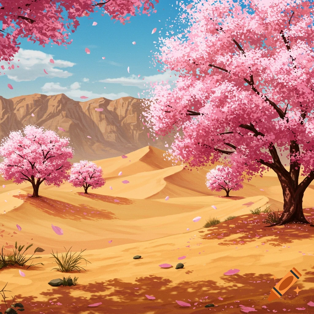 Cherry blossom trees blooming in a sandy desert landscape with mountains