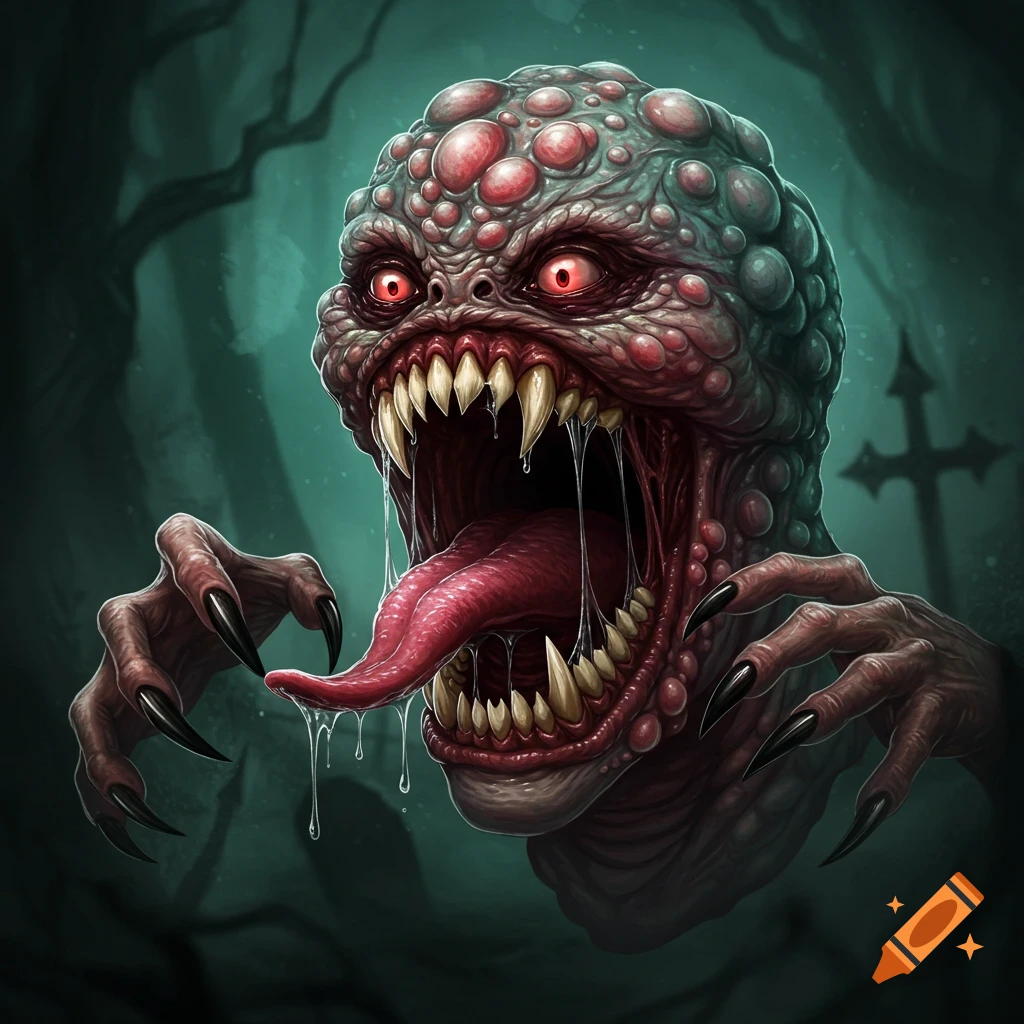 A scary monster with sharp teeth, a long tongue dripping saliva, and clawed hands is depicted against a dark, creepy background.