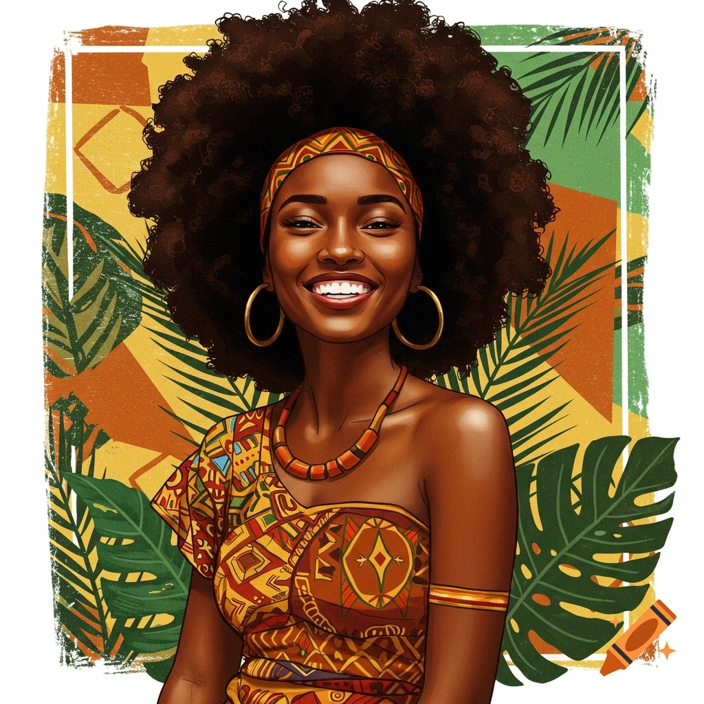 A smiling Black woman with an afro wearing African-inspired clothing and jewelry.