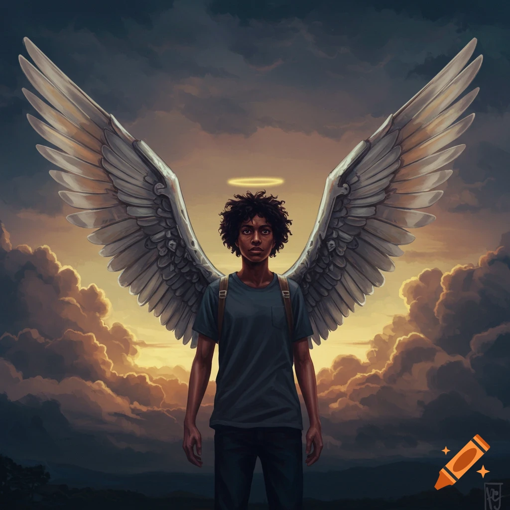A person with large wings and a halo against a dramatic sunset sky