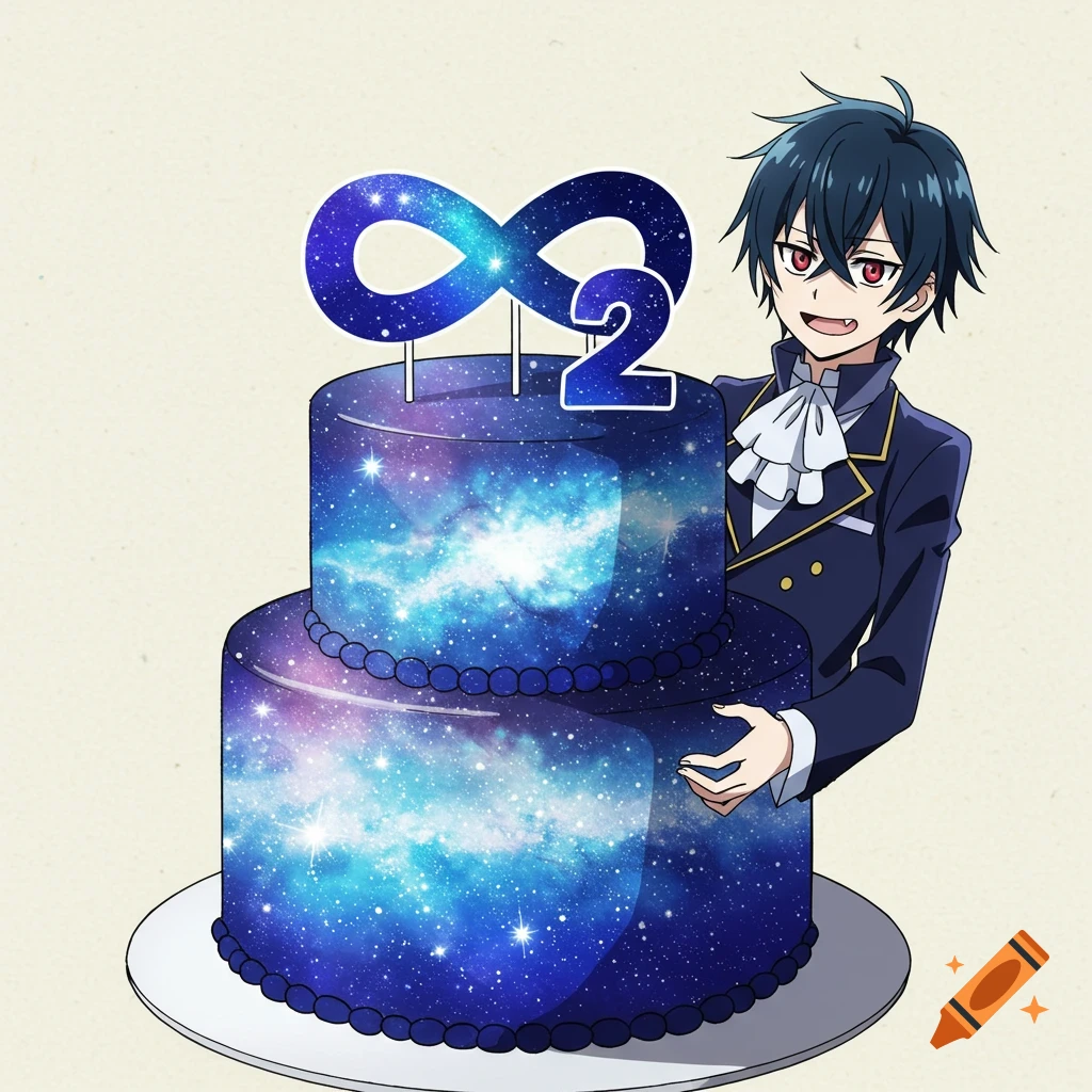 An anime character holds a two-tiered cake decorated with a galaxy pattern, topped with a starry blue infinity sign and the number 2.