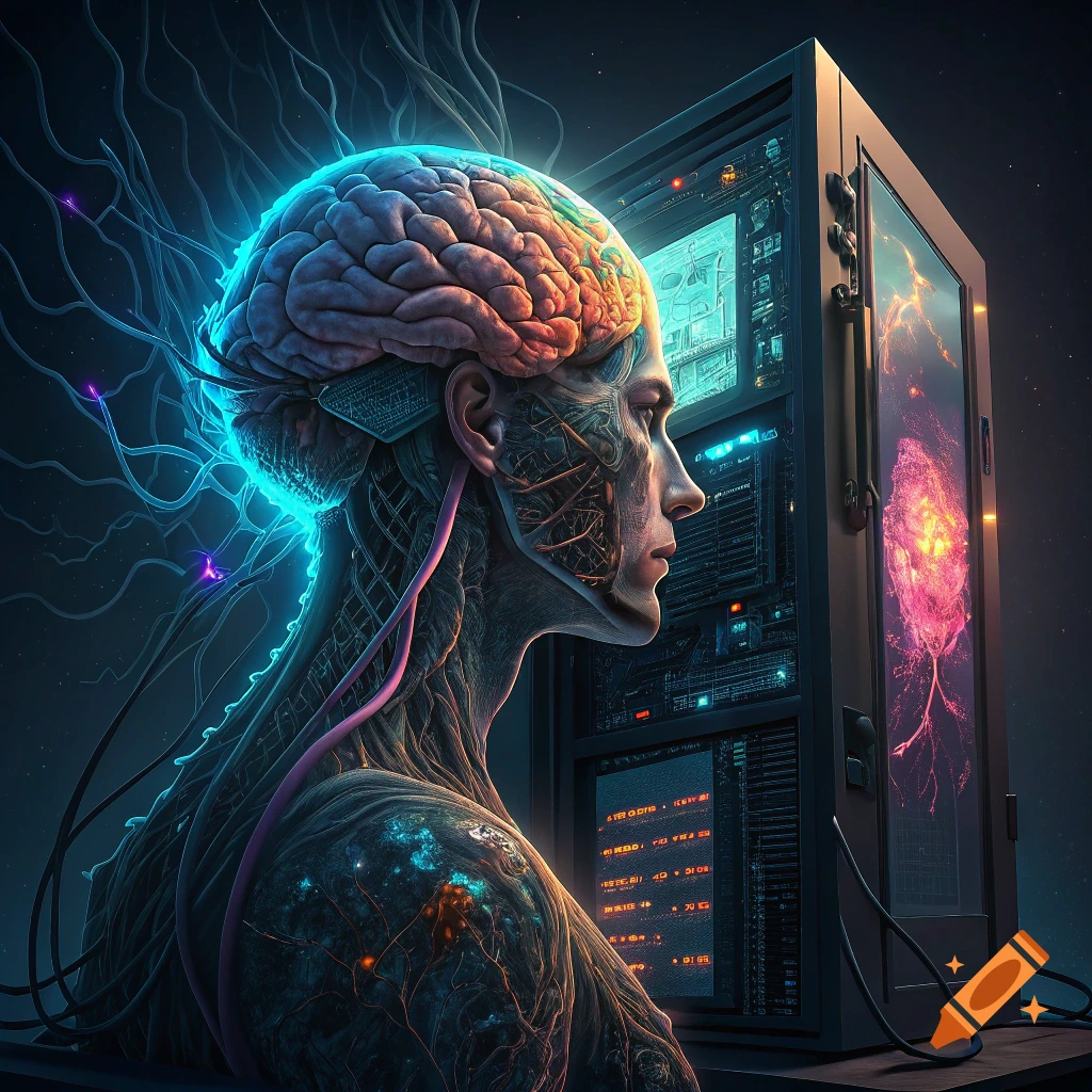Profile view of a figure with an exposed brain connected to a server rack, displaying data and space imagery in a dark, futuristic style.