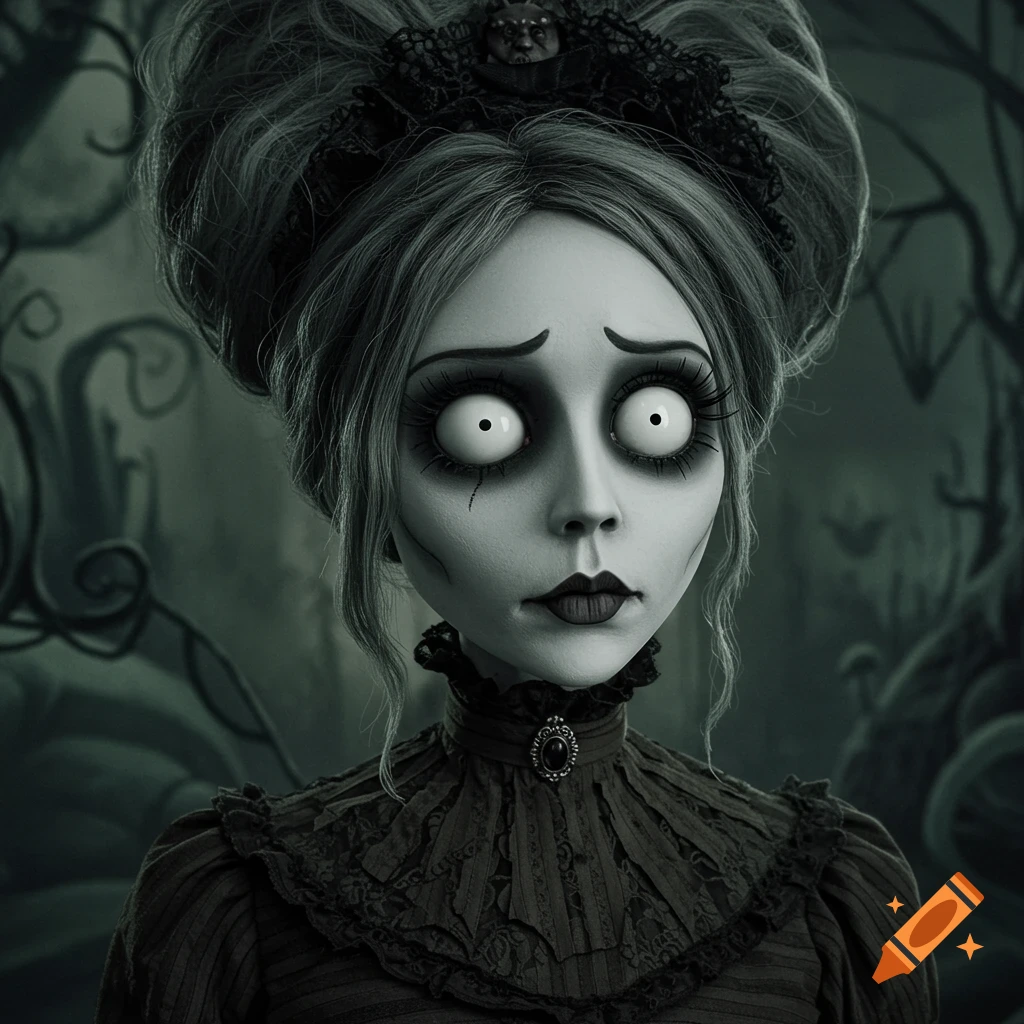 A gothic character portrait in the style of Tim Burton.
