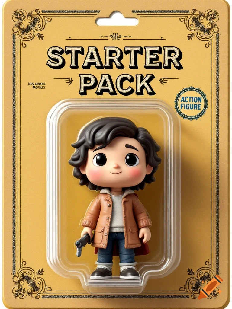 Chibi action figure in retro packaging labeled 'Starter Pack'.