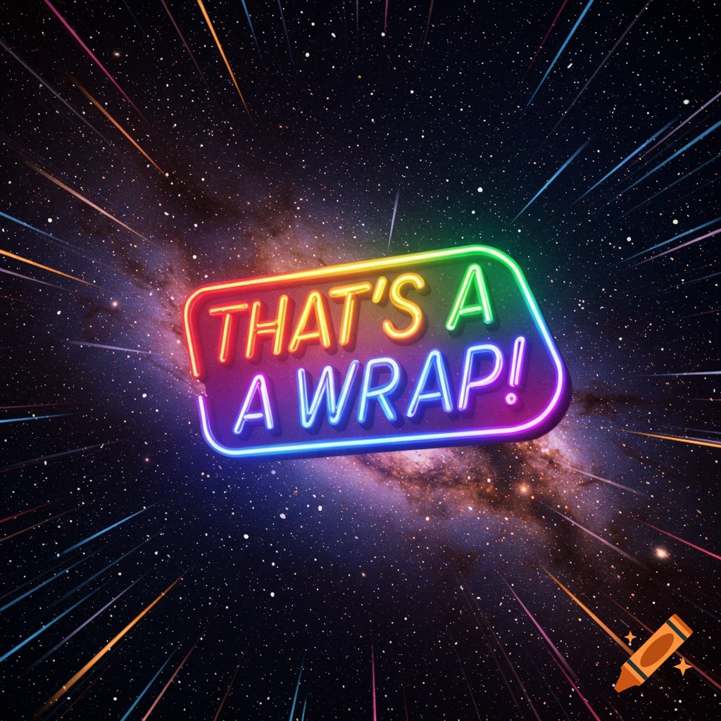 Rainbow neon sign saying 'THAT'S A WRAP!' against a starry space background with light trails.